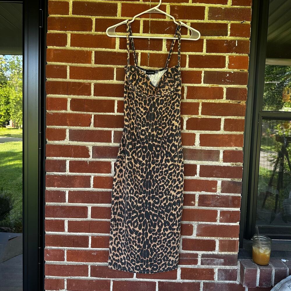 PrettyLittleThing Leopard Print Cowl Neck Midi Dress Bodycon Brown UK 10